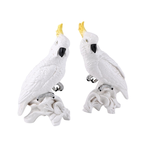 774 - A PAIR OF CROWN STAFFORDSHIRE PORCELAIN COCKATOOS IN THE MANNER OF MEISSEN MODELLED BY J.T, JONESLAT... 