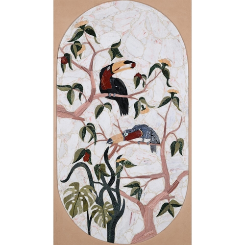 803 - A PIETRE DURE STYLE MARBLE PANELBAHIA, BRAZIL, 20TH CENTURY Depicting toucans in a rain forest 133cm... 