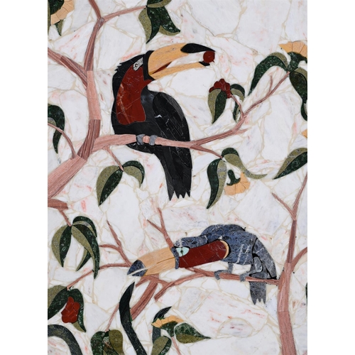 803 - A PIETRE DURE STYLE MARBLE PANELBAHIA, BRAZIL, 20TH CENTURY Depicting toucans in a rain forest 133cm... 