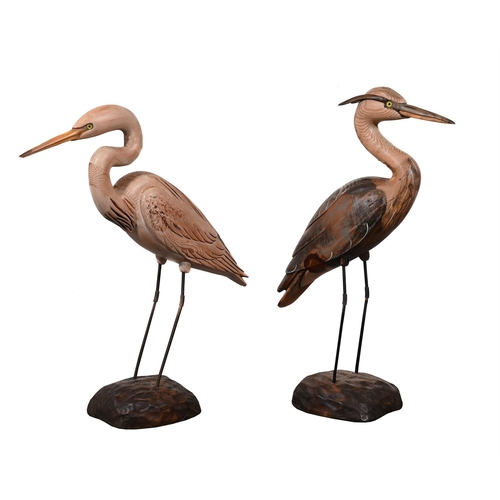 814 - TOM TABER, TWO CARVED WOODEN MODELS OF HERONS LATE 20TH CENTURYComprising a grey heron, 72cm high, a... 