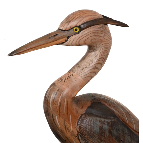 814 - TOM TABER, TWO CARVED WOODEN MODELS OF HERONS LATE 20TH CENTURYComprising a grey heron, 72cm high, a... 