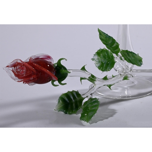 819 - TWO GLASS ROSES AND A SMALL GLASS VASEMODERNThe vase for the smaller rosethe smaller rose 28cm high,... 