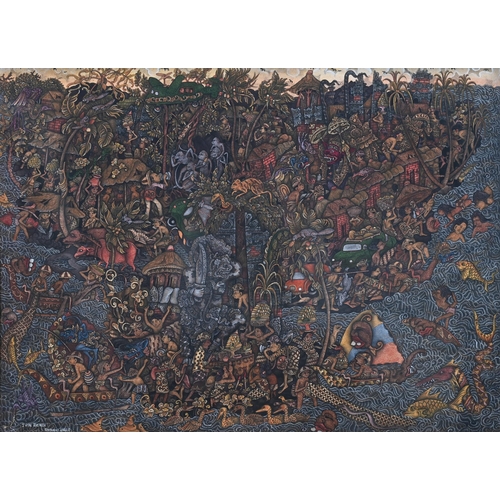 827 - A PEN, INK AND WATERCOLOUR WASH ON PAPER WITH FIGURES AND ANIMALSIDA WAYAN BENDI, MODERNSigned lower... 