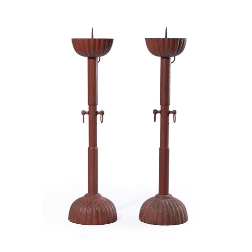 836 - A PAIR OF RED PAINTED CAST IRON PRICKET CANDLESTICKS LATE 20TH CENTURYWith lobed top and base Each 5... 