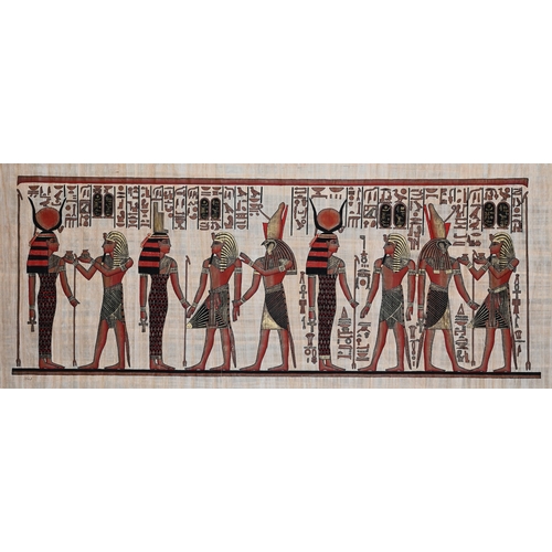 848 - A PAINTING OF EGYPTIAN FIGURES ON PAPYRUSDepicting Hathor, Isis, Horus and Pharos approximately 110c... 