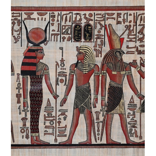 848 - A PAINTING OF EGYPTIAN FIGURES ON PAPYRUSDepicting Hathor, Isis, Horus and Pharos approximately 110c... 