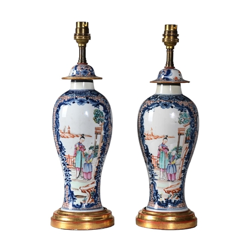 871 - A PAIR OF CHINESE FAMILLE ROSE EXPORT VASESQIANLONG Later converted to lamps approximately 39cm high... 