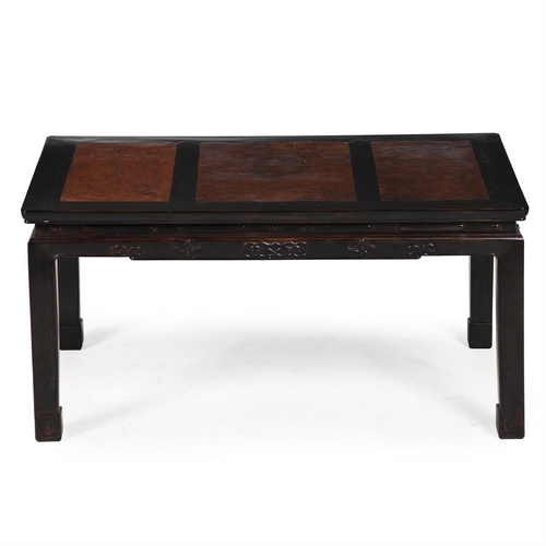 107 - A CHINESE HARDWOOD AND BURR WOOD LOW TABLE 20TH CENTURYThe top with panels of burr wood45cm high, 92... 