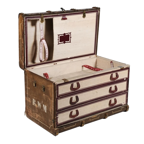 121 - A PAINTED CANVAS AND BENTWOOD BOUND TRAVELLING TRUNKEARLY 20TH CENTURYhinged lid enclosing three dra... 