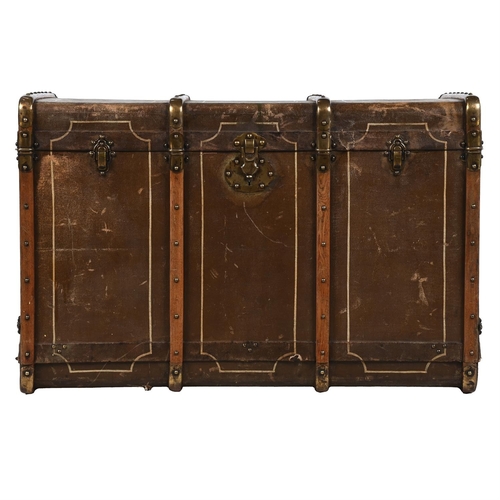 121 - A PAINTED CANVAS AND BENTWOOD BOUND TRAVELLING TRUNKEARLY 20TH CENTURYhinged lid enclosing three dra... 