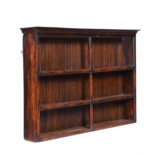 124 - A FLIGHT OF THREE ELM HANGING WALL SHELVES 18TH CENTURY100cm high, 148cm wide, 23cm deep