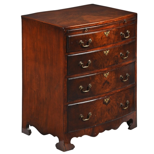 135 - A WALNUT AND CROSSBANDED BOWFRONT BACHELOR'S CHEST OF DRAWERS CIRCA 1740 AND LATER 76cm high, 61.5cm... 