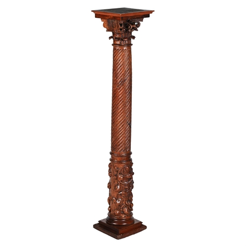 139 - A CARVED AND STAINED OAK COLUMNAR PEDESTAL PROBABLY CIRCA 1800 AND LATERThe square top above the Cor... 