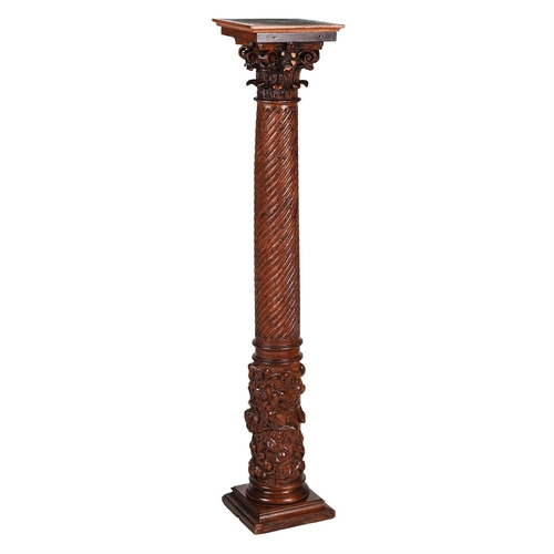 139 - A CARVED AND STAINED OAK COLUMNAR PEDESTAL PROBABLY CIRCA 1800 AND LATERThe square top above the Cor... 