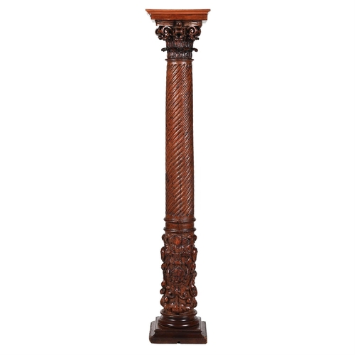 139 - A CARVED AND STAINED OAK COLUMNAR PEDESTAL PROBABLY CIRCA 1800 AND LATERThe square top above the Cor... 