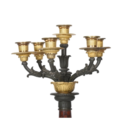 141 - A PAIR OF EMPIRE REVIVAL BRONZE AND ORMOLU SIX LIGHT CANDELABRAFRENCH, LATE 19TH CENTURYGilt metal m... 