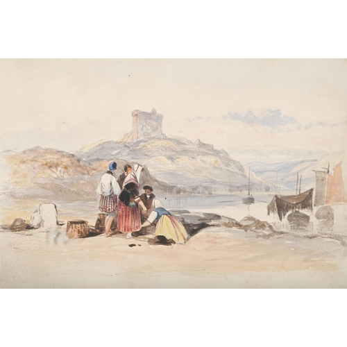 145 - THOMAS MILES RICHARDSON (BRITISH 1813-1890)FISHERFOLK ON A QUAYSIDE IN THE HIGHLANDS Watercolour and... 