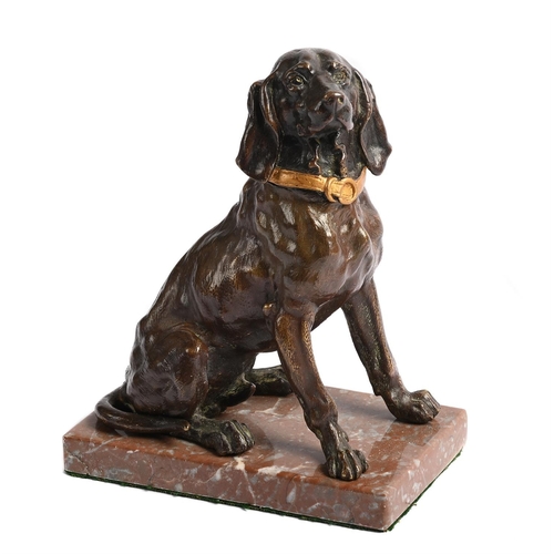 150 - AN ANIMALIER BRONZE INKWELL FORMED AS A SEATED DOG LATE 19TH CENTURY Pink marble base 19cm high over... 