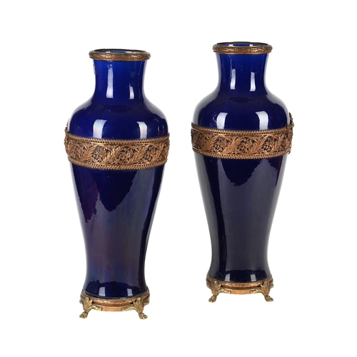 156 - A PAIR OF FRENCH BLUE-GROUND POTTERY AND GILT-METAL MOUNTED SEVRES-STYLE VASESEARLY 20TH CENTURY58cm... 