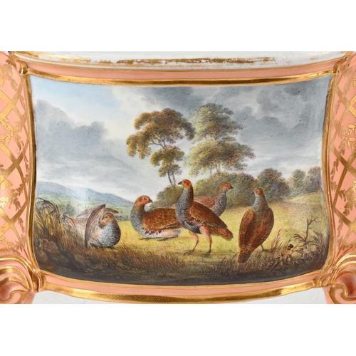 160 - A DERBY PORCELAIN SALMON-PINK GROUND BOUGH POT, LINER AND COVER CIRCA 1790 Painted with a panel of p... 