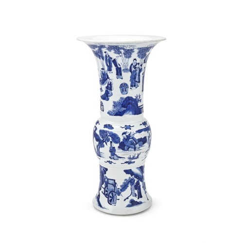 171 - A CHINESE BLUE AND WHITE 'PHEONIX TAIL' VASEIN KANGXI STYLE, 20TH CENTURY Painted with scholars and ... 