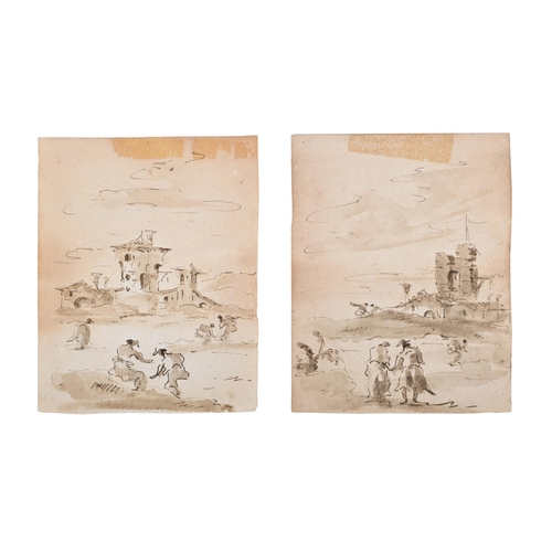 181 - ATTRIBUTED TO GIACOMO GUARDI (ITALIAN 1764-1835)FIGURES IN A LANDSCAPE, A PAIRBrown ink and wash13 x... 