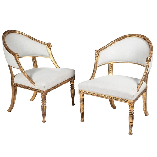 185 - A PAIR OF GUSTAVIAN GILT WOOD ARMCHAIRS
LATE 18TH OR EARLY 19TH CENTURY
84.5cm high, 61.5cm wide, 54... 