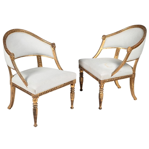 185 - A PAIR OF GUSTAVIAN GILT WOOD ARMCHAIRS
LATE 18TH OR EARLY 19TH CENTURY
84.5cm high, 61.5cm wide, 54... 