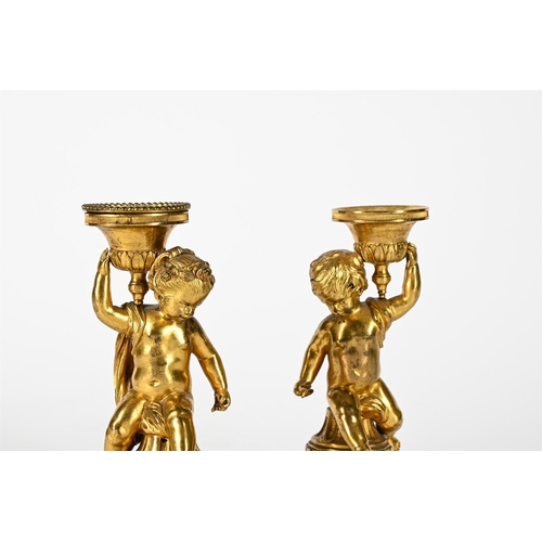 186 - A PAIR OF ORMOLU FIGURAL CANDLESTICKS PROBABLY FRENCH, EARLY 20TH CENTURY Each with single seated ch... 