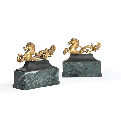 187 - A PAIR OF GILT BRONZE MODELS OF HIPPOCAMPI  17TH OR 18TH CENTURY On later marble bases 10.5cm high, ... 