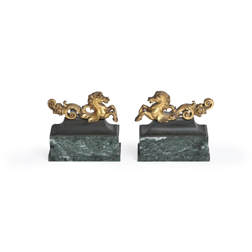 187 - A PAIR OF GILT BRONZE MODELS OF HIPPOCAMPI  17TH OR 18TH CENTURY On later marble bases 10.5cm high, ... 