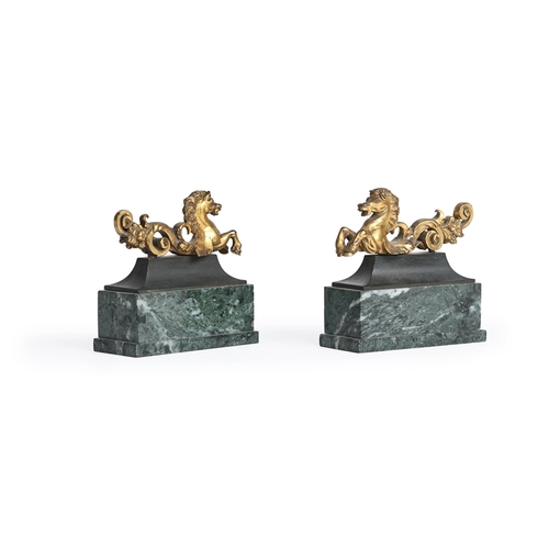 187 - A PAIR OF GILT BRONZE MODELS OF HIPPOCAMPI  17TH OR 18TH CENTURY On later marble bases 10.5cm high, ... 