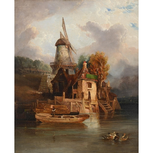 22 - ENGLISH SCHOOL (19TH CENTURY)BUILDINGS BY A LAKE WITH A WINDMILLOil on canvas60 x 50cm (23½ x 19½ in... 