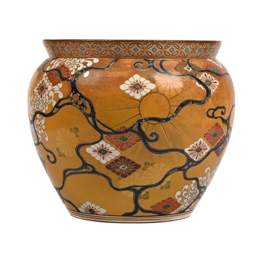 39 - A JAPANESE SATSUMA JARDINEREMEIJI PERIOD painted with flowers on an orange groundapproximately 29cm ... 