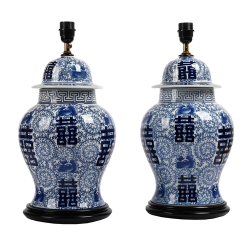 8 - A PAIR OF ASIAN BLUE AND WHITE PORCELAIN CHINESE-STYLE BALUSTER LAMP BASES AND SHADESMODERN74cm high... 