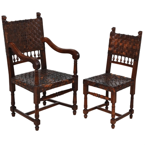 89 - A SET OF TEN VICTORIAN CARVED WALNUT AND LEATHER UPHOLSTERED DINING CHAIRSLATE 19TH CENTURYEach with... 