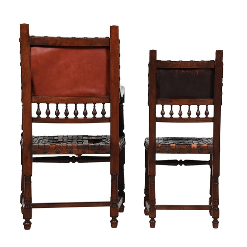 89 - A SET OF TEN VICTORIAN CARVED WALNUT AND LEATHER UPHOLSTERED DINING CHAIRSLATE 19TH CENTURYEach with... 