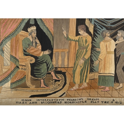 97 - ENGLISH SCHOOL (EARLY 19TH CENTURY)JOSEPH INTERPRETING PHARAOH'S DREAMEmbroidered woolwork24 x 34cm ... 