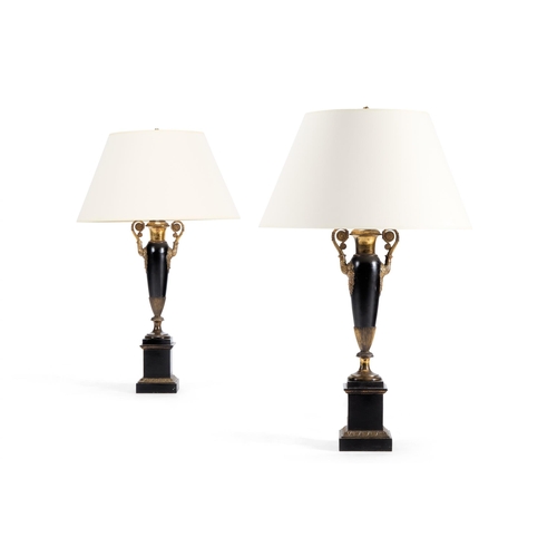 52 - A PAIR OF BRASS MOUNTED TOLE LAMPSFRENCH, 19TH CENTURYNow mounted and fitted for electricity86cm hig... 