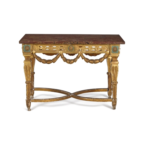 56 - A GILTWOOD AND GREEN PAINTED CENTRE TABLE ITALIAN, 19TH CENTURYThe later marble top above a pierced ... 