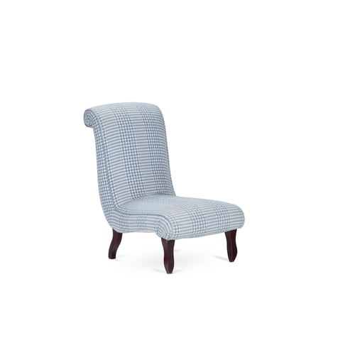 74 - A BLUE AND WHITE CHECK COTTON UPHOLSTERED SLIPPER CHAIR LATE 20TH CENTURYWith grained beech legs 87c... 