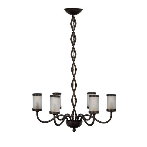 75 - A WROUGHT IRON SIX-BRANCH CHANDELIERCONTINENTAL, MID 20TH CENTURYWith later cylindrical glass shades... 