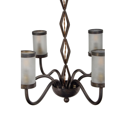 75 - A WROUGHT IRON SIX-BRANCH CHANDELIERCONTINENTAL, MID 20TH CENTURYWith later cylindrical glass shades... 