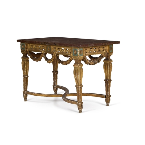 56 - A GILTWOOD AND GREEN PAINTED CENTRE TABLE ITALIAN, 19TH CENTURYThe later marble top above a pierced ... 