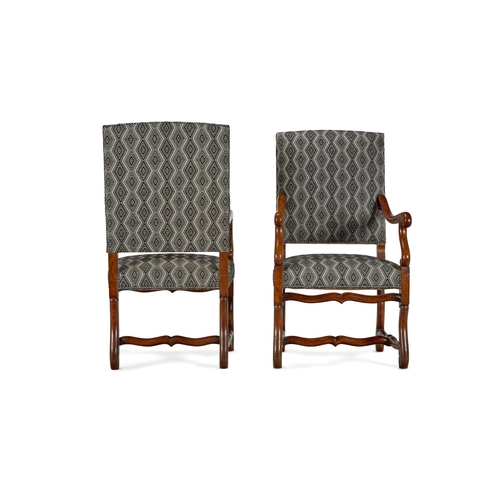 65 - A PAIR OF CHESTNUT OPEN ARMCHAIRSFRENCH, 19TH CENTURY, IN THE 17TH CENTURY STYLE Upholstered in a bl... 