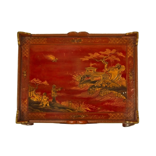 70 - A RED AND GILT JAPANNED OCCASIONAL TABLE  FIRST HALF 20TH CENTURYDecorated with pagodas and figures4... 