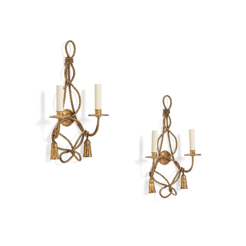 78 - A PAIR OF GILT METAL TWIN BRANCH, ROPE TWIST WALL LIGHTSMID 20TH CENTURYWired for electricity50cm hi... 