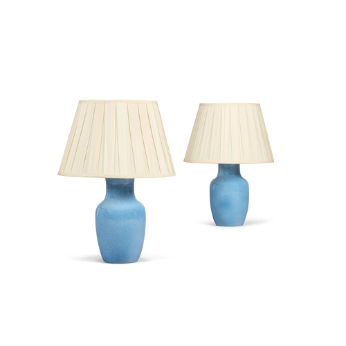 105 - TWO SIMILAR BLUE GLAZED POTTERY LAMPS MODERN60cm high overall