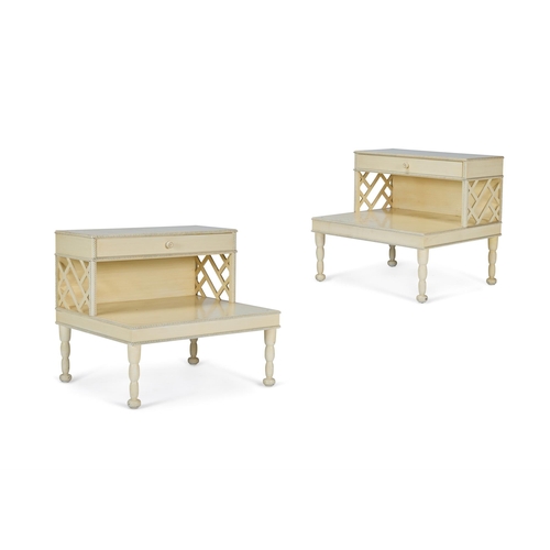 106 - A PAIR OF CREAM AND BLUE PAINTED BEDSIDE TABLES OF LARGE SIZECIRCA 1970s, DESIGNED BY JOHN SIDDELEY,... 