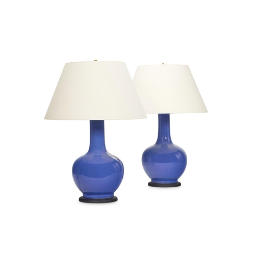 113 - A PAIR OF PERIWINKLE BLUE GLAZED VASES MODERNMounted and wired as lamps72cm high overall